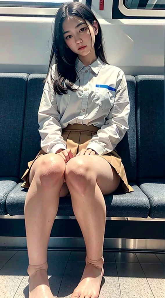 "(Masterpiece, High Definition, Ultra High Definition, 4K) Black hair, 14 years old Japan girl, uniform skirt, emphasizing thighs, white thighs, soft thighs, glossy thighs, sitting on the train, face-to-face angle, (angle from below),sitting in the train seat,Sitting in front,Zoom camera in the crotch,Feet on the train floor,Full body,Looking down and sleepy,Looking at the viewer only", best quality, ultra high definition, (photorealistic:1.4),, high resolution, detail, raw photo, sharp re, Nikon D850 film stock photo by Lee Jefferies 4 kodak portra 400 camera f1.6 lens rich colors hyper realistic lively textures dramatic lighting unreal engine artstation trends cinestir 800,