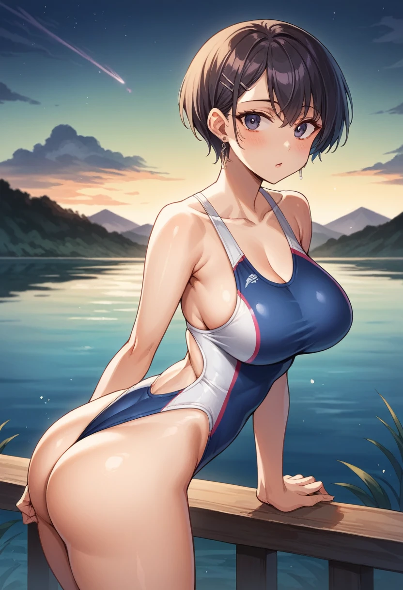 1 girl, aldult, Lake view, night, short hair，Large V-neck competitive swimsuit,earrings,被Big Ass撑起来的竞技泳衣,Huge boobs，Showing breasts，Showing breasts，Relatively tall，Slim waist，Big Ass