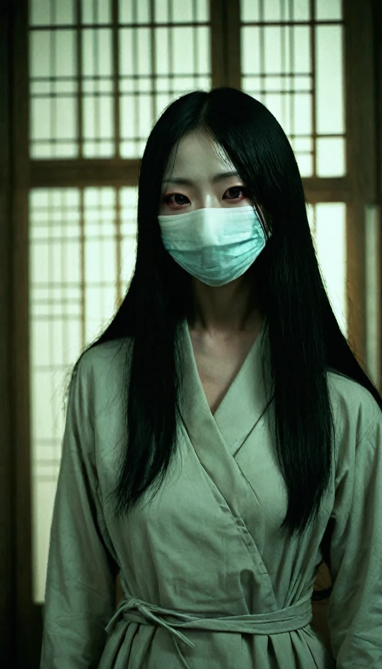 Woman with red sores on her mouth, kuchisake-onna, Detailed facial features, Fine grain, Detailed nose, Detailed lips, Long black hair, Pale skin, Wear a surgical mask, Horror, Dark mood, Chiaroscuro lighting, Structure of the film, Dramatic lighting, Gloomy atmosphere, Dark fantasy