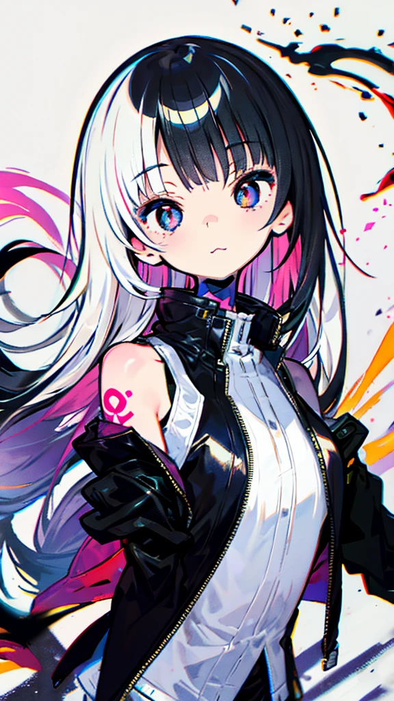 1girl, kawaii, melancholy expression, light smile, long hair, bangs, long cropped bangs hide both eyes, ???? shoulders, jacket, upper body, white hair, blunt bangs, off shoulder, open jacket, black jacket, hair over eyes, arm tattoo, shoulder tattoo, Around the girl are splashes of black and white paint or ink that reflect the colors of the yin-yang symbol behind her  Smoke and fog intertwined with the paint splashes add to the dramatic effect,