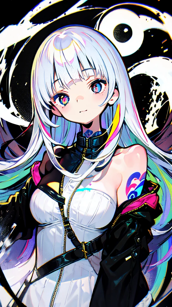 1girl, kawaii, melancholy expression, light smile, long hair, bangs, long cropped bangs hide both eyes, bare shoulders, jacket, upper body, white hair, blunt bangs, off shoulder, open jacket, black jacket, hair over eyes, arm tattoo, shoulder tattoo, Around the girl are splashes of black and white paint or ink that reflect the colors of the yin-yang symbol behind her Smoke and fog intertwined with the paint splashes add to the dramatic effect,