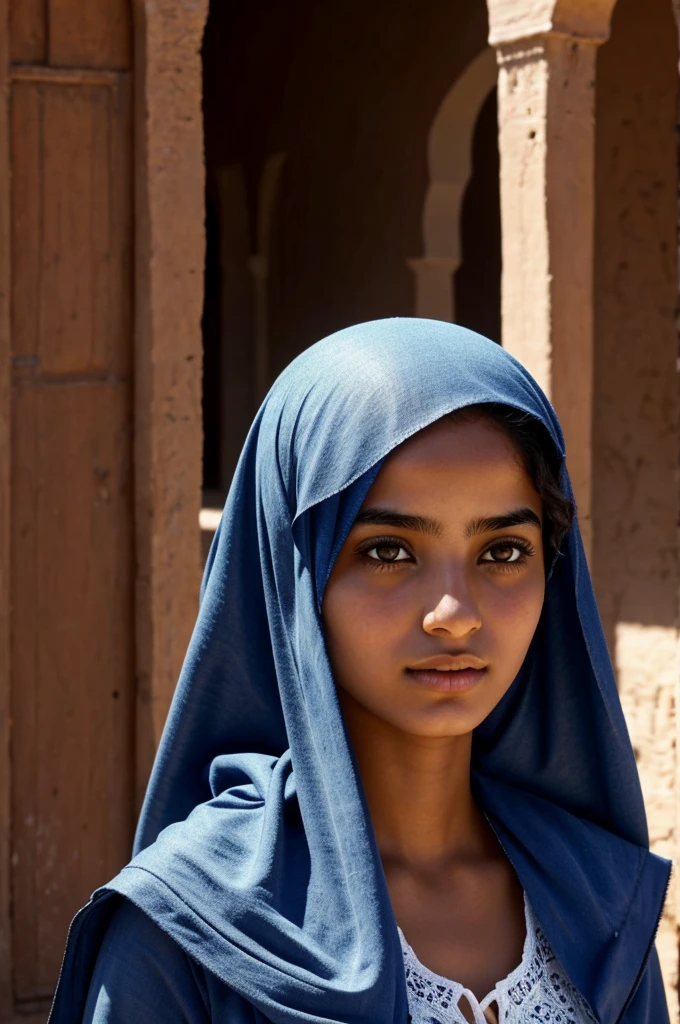 An AI of a veiled North African girl aged between 18-20 years old and where we only see her head down to her neck or shoulders 