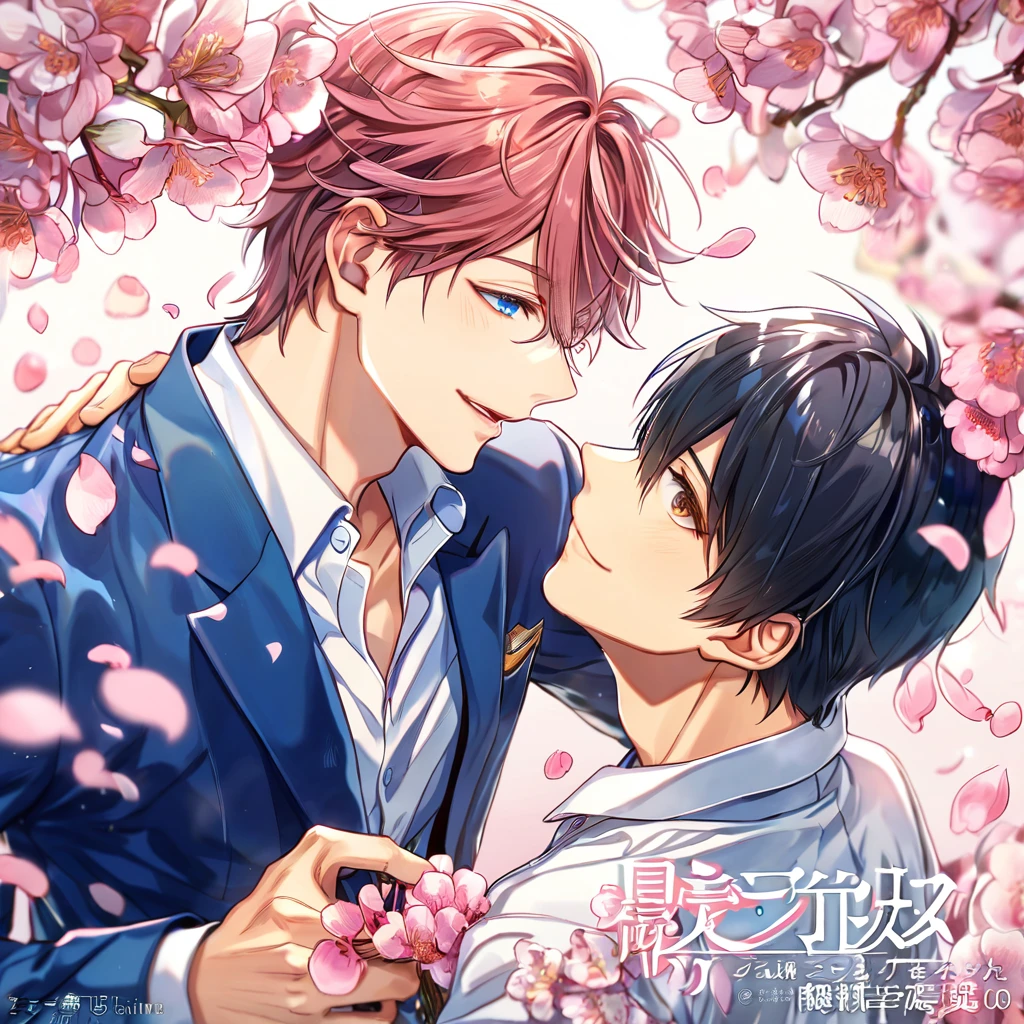 absurdres, highres, ultra detailed, HDR, master piece, Uenoyama Ritsuka, black hair, expressive blue eyes, Sato Mafuyu, brown-pink hair, expressive brown eyes, white shirt, blue jacket, Given, two sexy man together, gay couple, yaoi, handsome, best quality, blossoms, pink petals, pink flowers, fantasy, magical, blue shining fireflies, solo, love, handsome smile