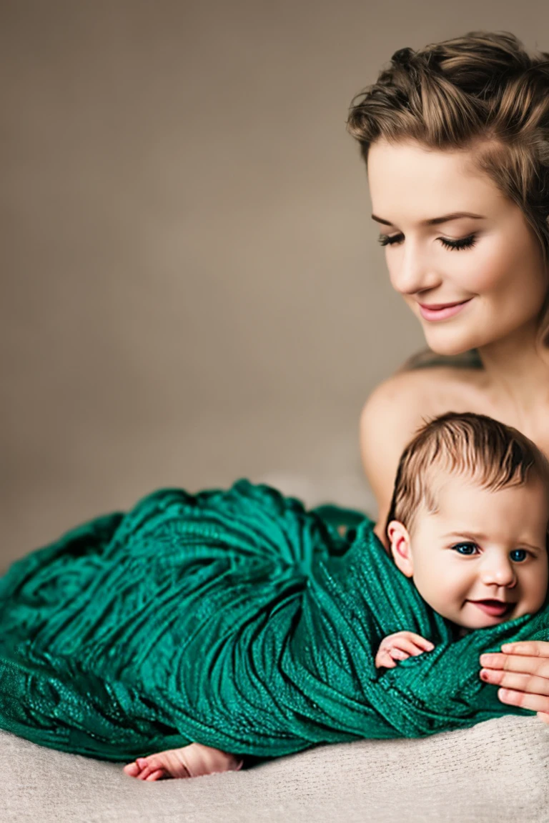 Beautiful baby in his mother's arms, blond and slightly disheveled hair, emerald green eyes, wrapped in blanket, smile, intricate, realism, art in the style of photographs for magazines.