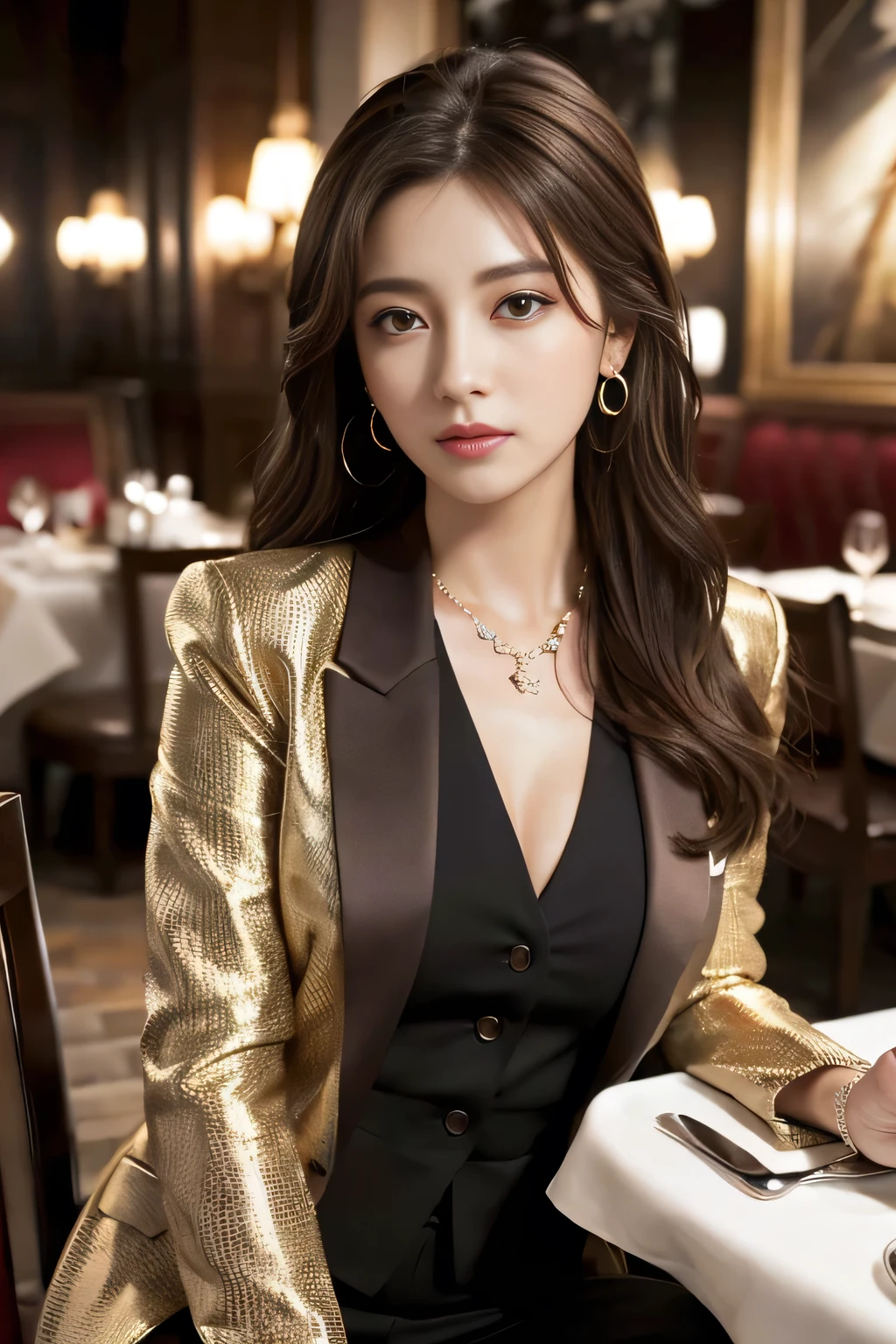 masterpiece, Highest quality, Realistic, Very detailed, Finer details, High resolution, 8k wallpaper, One beautiful woman, Wear a nice suit, In a great restaurant, At night, Light brown messy hair, Perfect dynamic composition, Beautiful and beautiful eyes、Big earrings、Sit on a chair、