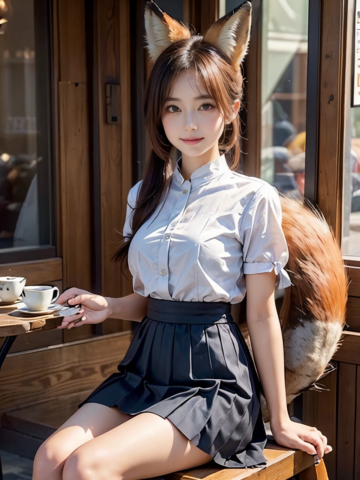 ((Highest quality, 32k)), ((masterpiece)), (Familiar), Perfect Face,  pretty girl, Sitting in a chair at a cafe on the plateau, Relaxing and drinking tea, She has a bushy tail, (She has a fox tail.:1.5),She stands up her fluffy tail, Beautiful hip line, Small breasts, She is wearing a neat blouse and pleated skirt., A bushy tail is visible from under her skirt,, Slender body,  The tail comes out from the inside of the skirt, (A fox tail protrudes from the inside of the skirt hem.:1.4), The base of her tail is hidden under her skirt.