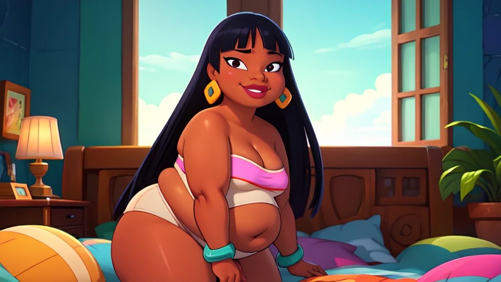 (work of art:1.2, best qualityer:1.2), soft ambient lighting, perfect lighting, 1 girl, standing alone, Chel, Bblack hair, long hair, rhombus stripe, eyes browns, darkskin, lipstick, breasts big, Broad Hips, top of the tube, neckleace, bared shoulders, emerald earrings, emerald bracelets, looking at the camera with a smug expression on his face, beach background, very large body, fat belly rolls, big breasts, sexy smile, fat arms, thunder thighs, super fat, looking at viewer, wet clothes, sweating very hard, sexy looking, blob, breathtaking, bedroom, lying in bed, home