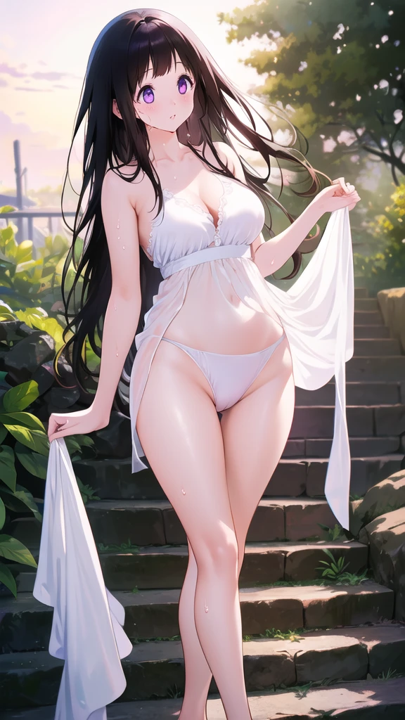 Beautiful Chitanda,只有一个beautiful girl,Purple Eyes, Black Hair, Natural straight hair, Straight bangs,Extremely refined,open your lips,Face is so red,Very white skin,Skin as delicate as porcelain,Glowing skin,big eyes,Flowing long hair,beautiful girl, Like a dream,Slim,Slim waist,Soft, (Sensual), (Kawaii), Dream quality,White Dress,High slit,Sweaty and sweaty,Wet skin,Profile,Side breasts,Underwear Rain,Standing on the steps in the air,(Completely naked),Gluteal groove,Completely naked的背部,nacked hip,very close,Deep V neckline,Loose neckline,Beautiful big breasts,No pants,Bare shoulders,Exposed collarbone,Delicate clavicle,Delicate hands and feet,Bare neck,There are no clothes around the neck,Bare thighs,Exposing the groin,Camel toe,extremely shy,Ultra-high resolution, (masterpiece:1.2, best quality), (Delicate and beautiful eyes: 1.2), (Beautiful and delicate face)