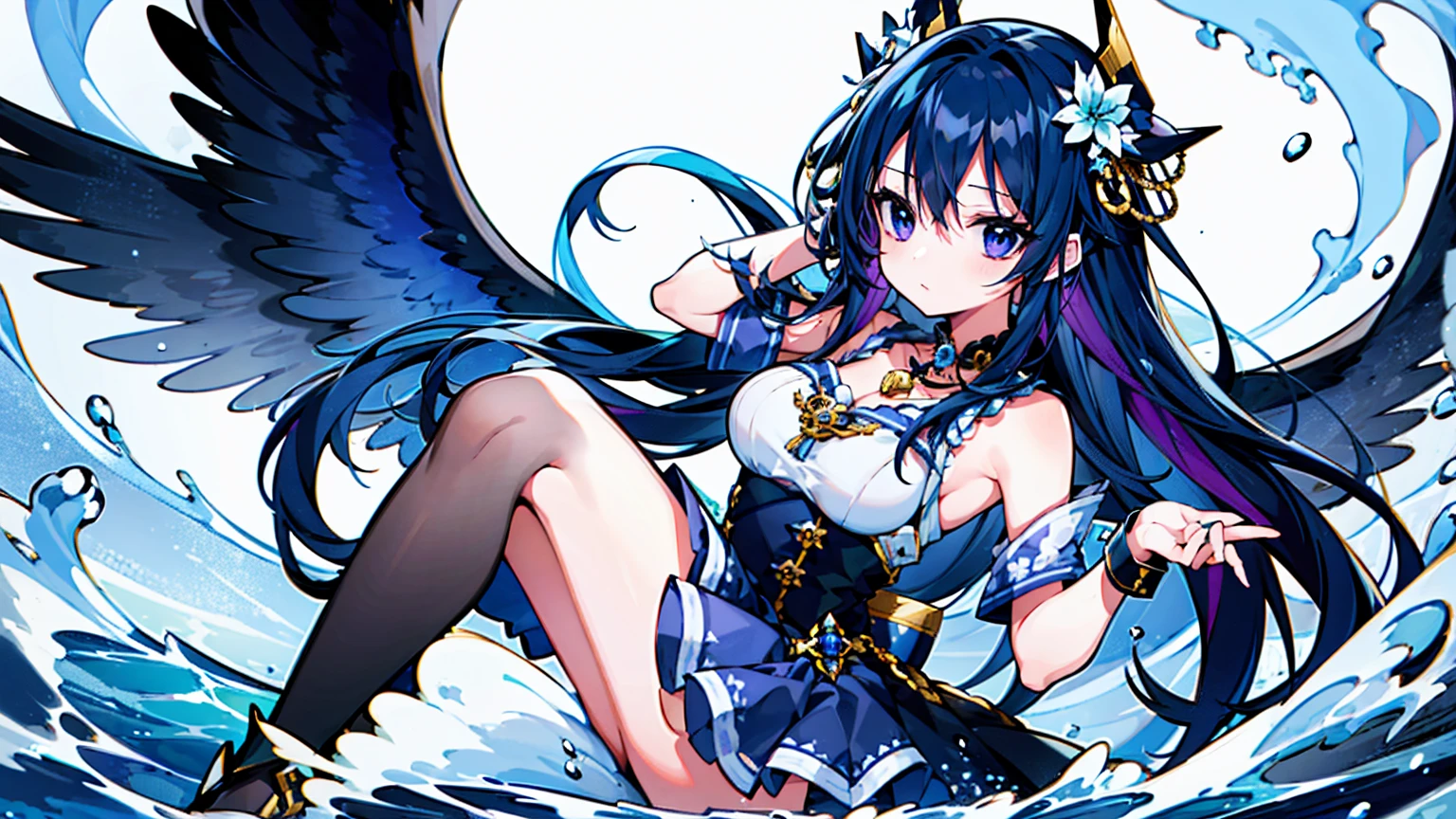 The character in this image is an animated female with long, deep blue hair adorned with flower-like accessories. She has striking violet eyes that stand out against her hair. She is wearing a sleeveless white dress with gold and blue trim, featuring nautical-inspired details such as anchor motifs and a ship's wheel. She has various badges or medals on her chest, indicating achievements or rank. The character is accessorized with wrist cuffs, a single arm sleeve on her left arm, multiple necklaces, and a prominent black belt with a star emblem. She is sitting on a fragment of a ship, with one hand behind her head and the other resting on her raised knee. She has large, white feathered wings emerging from her back, giving her a celestial or angelic appearance. The character is wearing black strapped heels with blue details, matching the overall color scheme. The background depicts a dynamic oceanic scene with splashing waves, seagulls, and flying ship fragments, emphasizing a maritime theme. Despite the chaos in the background, the character maintains a serene expression with a slight smile, exuding a sense of calm and composure. Overall, this character embodies a blend of elegance, strength, and a touch of fantasy, with a focus on nautical or celestial elements.