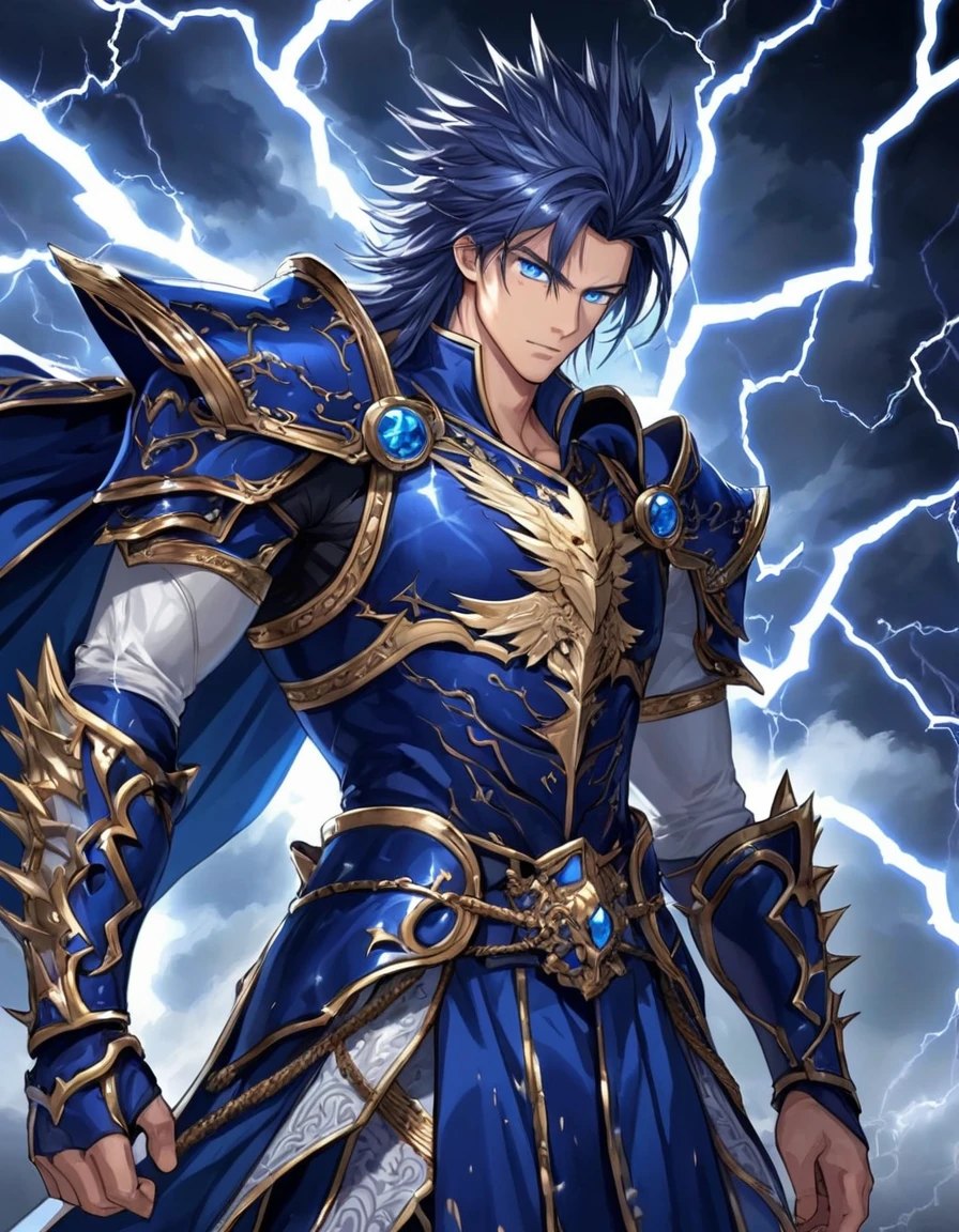high-ranking male character in the nobility, slightly muscled, wears light armor, has deep blue eyes like an eagle, His hair is spiky dark blue and is medium length., appears to be a very strong and important warrior, lightning storm aura