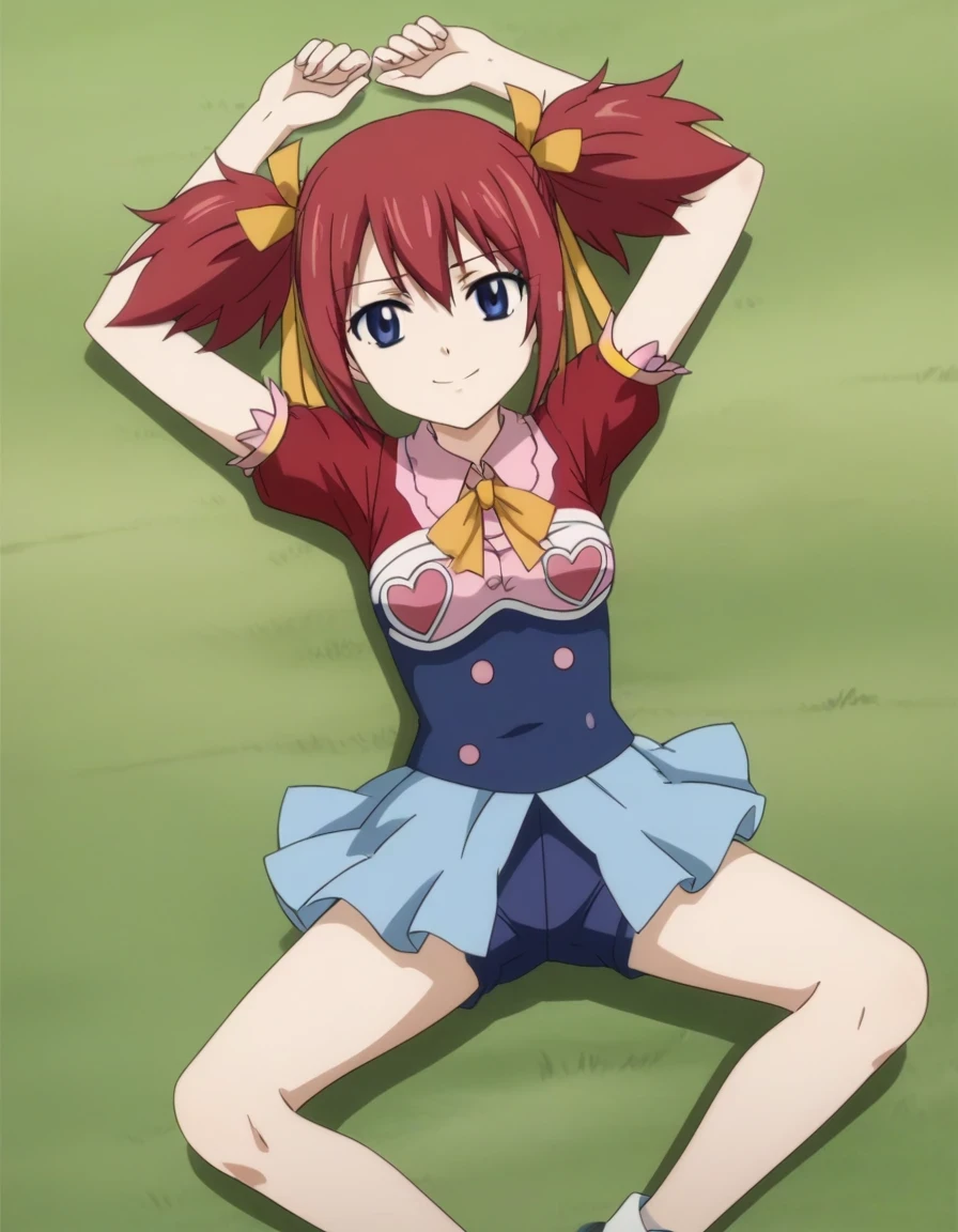 chelia_blendy, source_anime, rating_safe, intricate details, anime screencap, anime coloring, 1girl, solo, red hair, blue eyes, ribbon, hair ribbon, twintails, short twintails, looking at viewer, high quality, solo, lying, on back, arms up, spread arms, closed mouth, on grass, center, full body, looking at viewer, suggestive smile, best quality, spread legs,