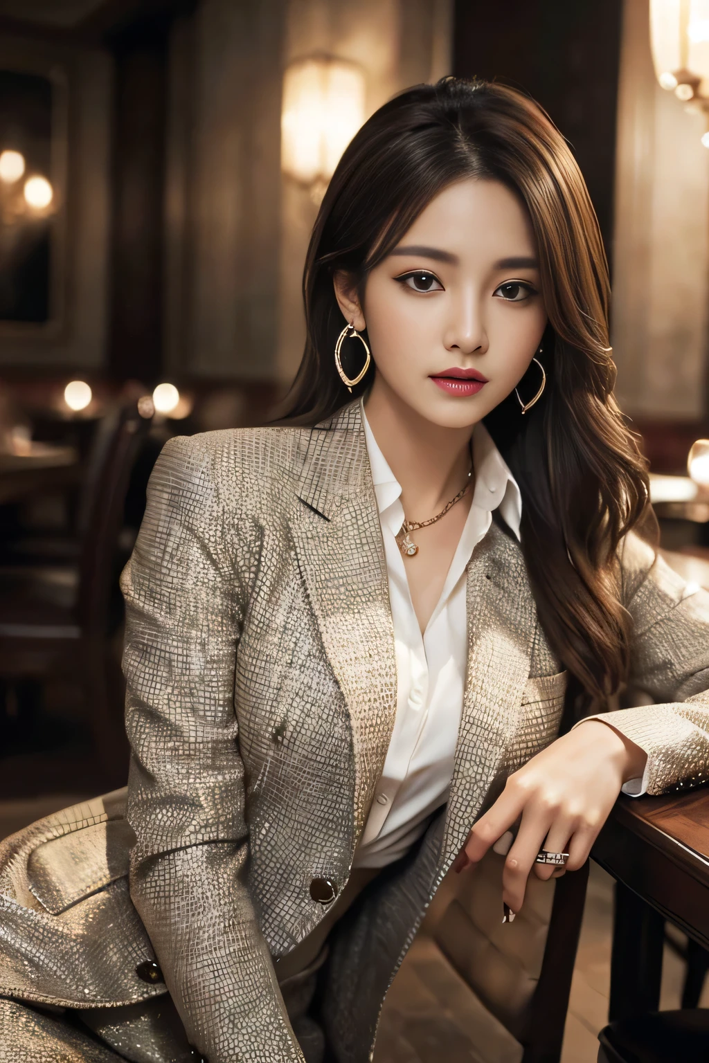 masterpiece, Highest quality, Realistic, Very detailed, Finer details, High resolution, 8k wallpaper, One beautiful woman, Wear a nice suit, In a great restaurant, At night, Light brown messy hair, Perfect dynamic composition, Beautiful and beautiful eyes、Big earrings、Sit on a chair、