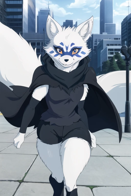 Alopex, arctic fox, furry, blue marks face, tmnt, smile, orange eyes, girl1, solo, park, city, cape, black shirt, black shorts, best quality, masterpiece