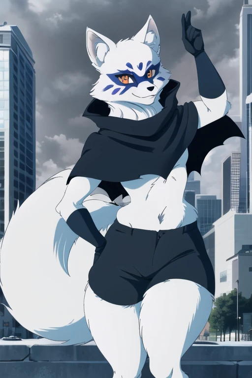 Alopex, arctic fox, furry, blue marks face, tmnt, smile, orange eyes, girl1, solo, park, city, cape, black shirt, black shorts, best quality, masterpiece 