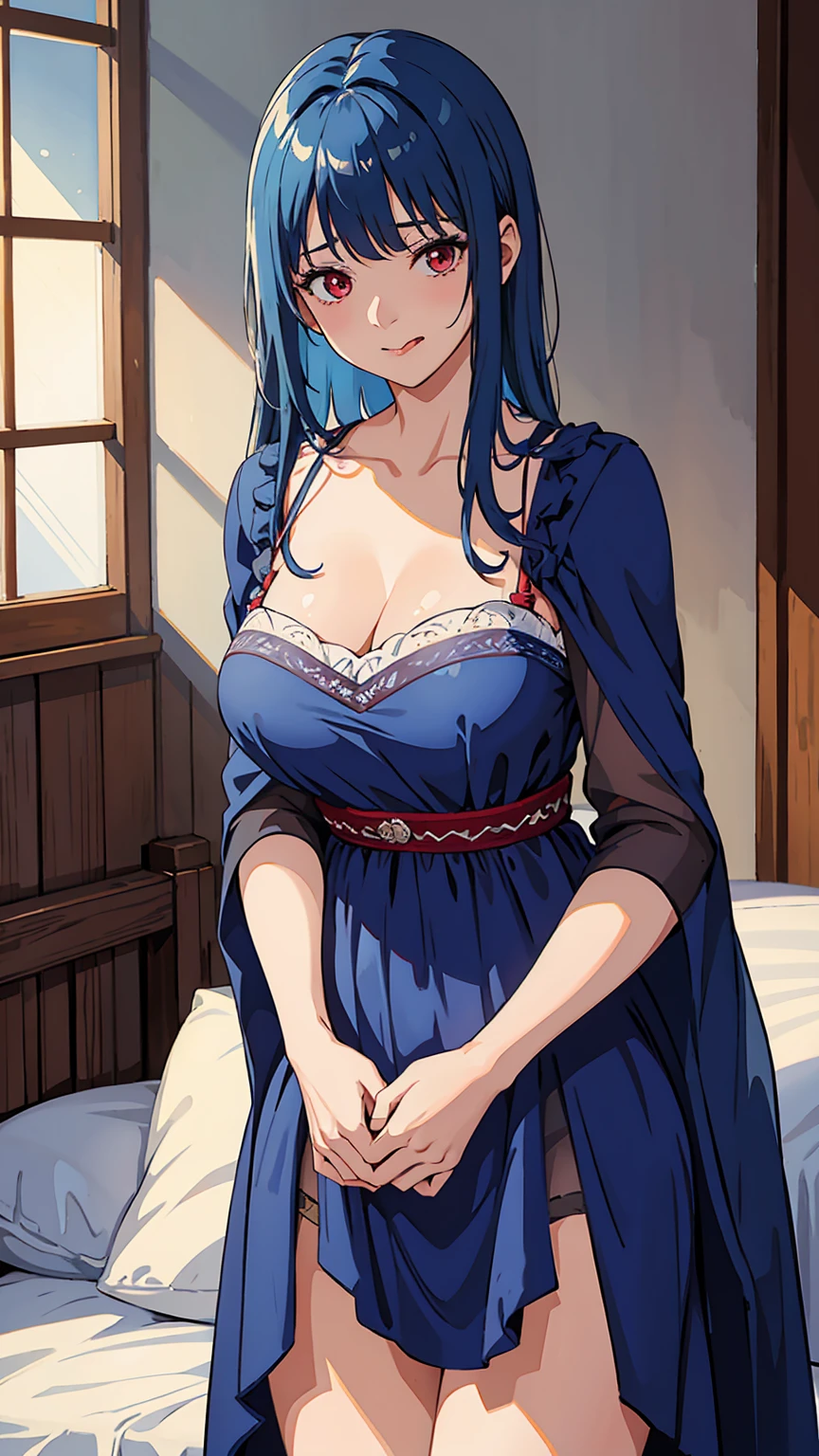 Woman1,cowboy shot,blue hair,red eyes,parted bangs,(Sleeping Dress,Shy,embarrassment,background in the room,taking out the tongue),HD,highly detailed