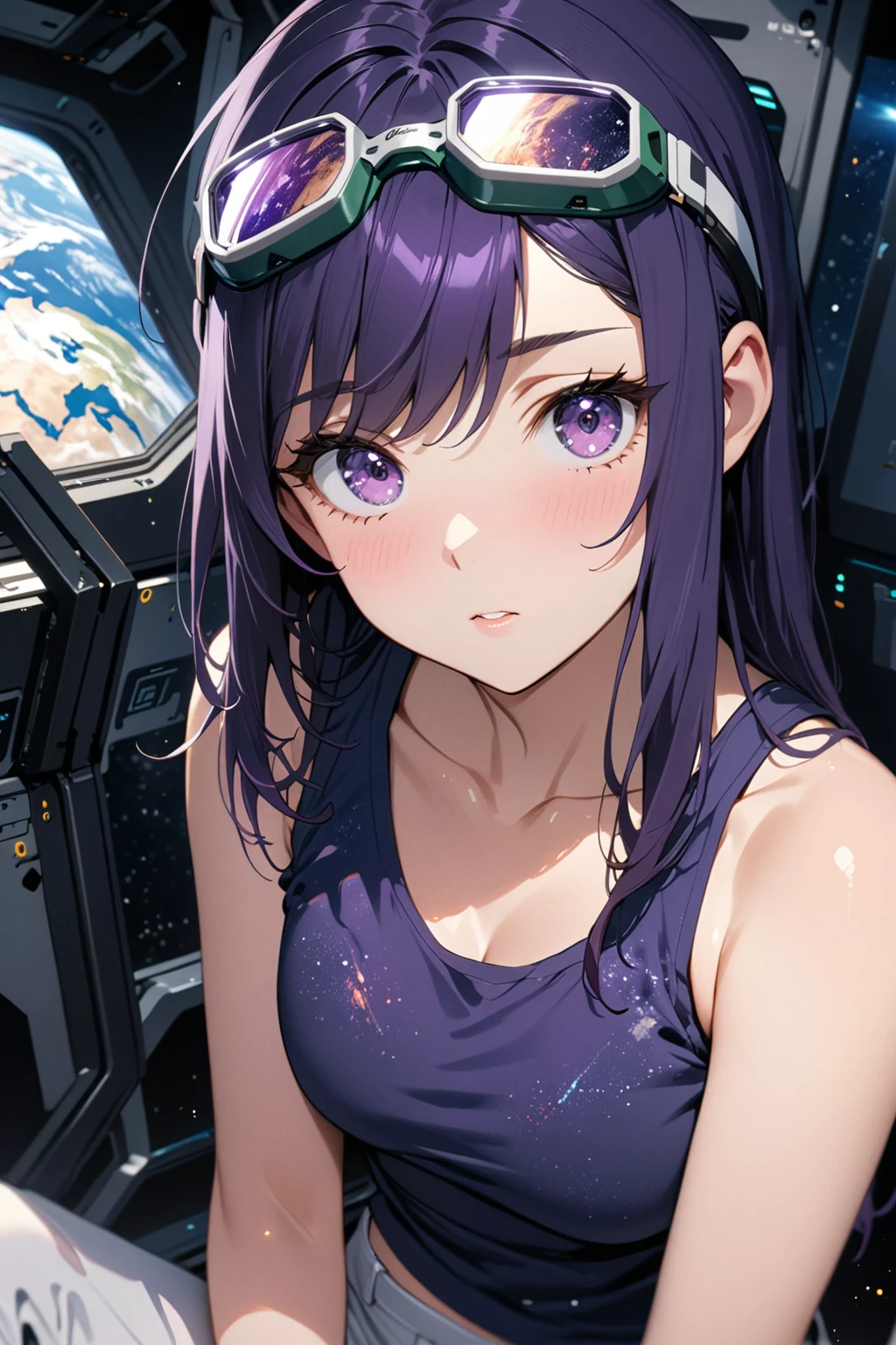 Masterpiece, best quality, light particles, young woman aboard space station, purple eyes, purple hair, green goggles on head, swept bangs, tank top, white pants, earth visible from window, futuristic