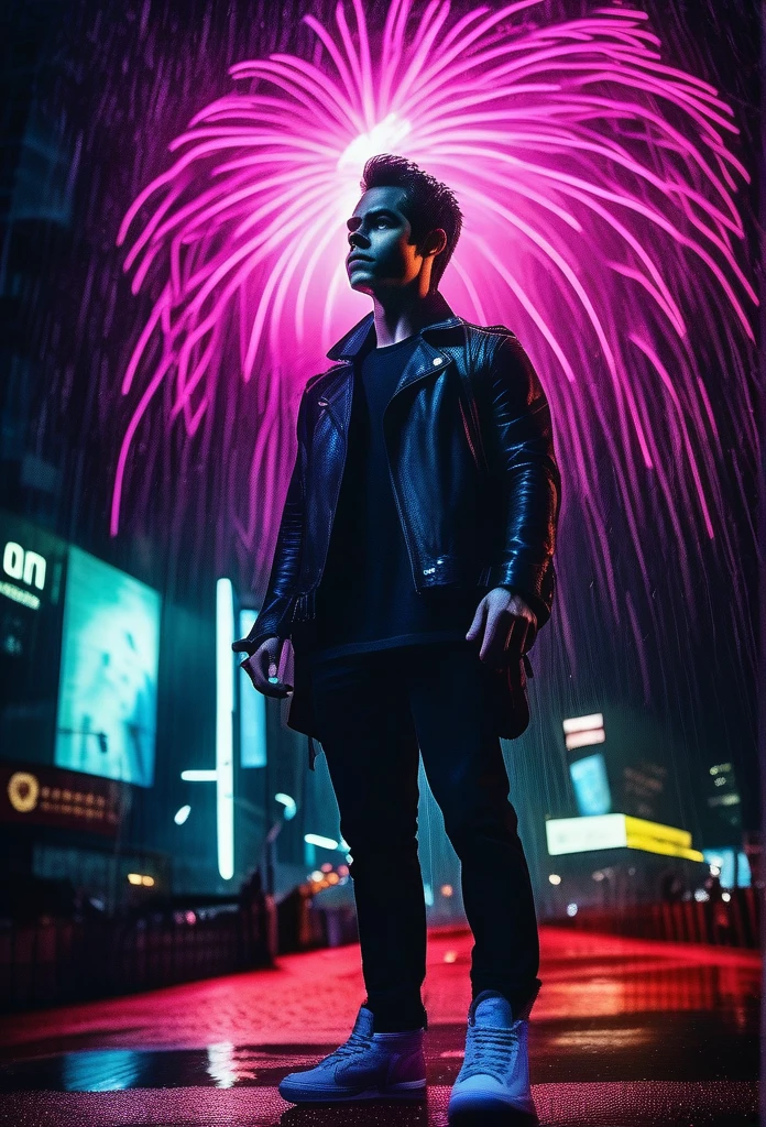 4k 8k uhd full color (raw photo:1.1), dramatic (dark:1.2) rainy night, (award winning photo:1.1) of badass (warrior king) Dylan O'brien wearing a black leather jacket (cypnk:1.2), alone (in the rain:1.3) in times square, wide angle macro, hard light, high contrast, (epic photography:1.3) (dark scene:1.2) with moody side light, (rim light:1.2) silhouette, (UTIL_PortraitHelper:0.9), (STY_mjgs:0.5) (STY_MJ_dgtlv2:0.5) (STY_rzminjourney:0.5) rule of thirds Ying Yeng Fibonacci spiral composition, (Hasselblad:1.2) Fujifilm (medium format:1.2), (carl Zeiss:1.1), stunning contrast, (halation glow:1.3), (bloom lighting:1.1), incredible dynamic range photo by (UTIL_Art by Smoose-768:1.1), (intense rim light:1.3), (purple pink blue green yellow neon synthwave colors:1.1) FFbF_neon UTIL_jah_SideLightRimLight