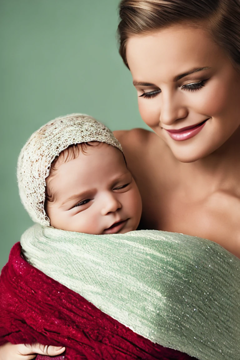 Beautiful baby in his mother's arms, blond and slightly disheveled hair, emerald green eyes, wrapped in blanket, smile, intricate, realism, art in the style of photographs for magazines.