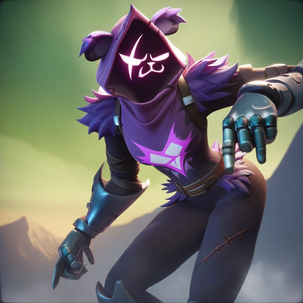 Raven team leader,purple hoodie, with no face, shadowed face, animal ears,purple skin, scar on eye, body skin, purple fur, waist belt, torso symbol, metal gloves, pointing your ass at the viewer, leaning forward, pushing, she closes her eyes, hands resting on top of a small wall, farting hard, would be green, green smoke in her ass, scenery with green smoke, she farting, she is passing gas, farts, gases. her with her eyes closed, hands are not in the air, expression of force, stomachache, stomach growling. day Of course