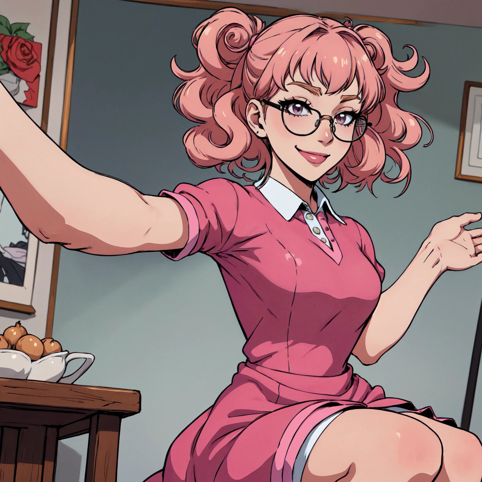 {-erro_de_anatomia:1.0}(best quality,4k,8k,highres,masterpiece:1.2) Anime girl tuxedo with curly hair, hazelnut hair and round gold glasses, rose gold eyes. Guviz style art, attractive detailed art style, Charlie Bowater Style, 1 7 -  - old e anime girl, detailed manga style, detailed anime character art, germ of art. High detail, stunning manga art style. Rose dress. (pink dress) . Wearing rose gold Victorian clothing, dynamic poses, smile. Different Pose, upper body, sitting