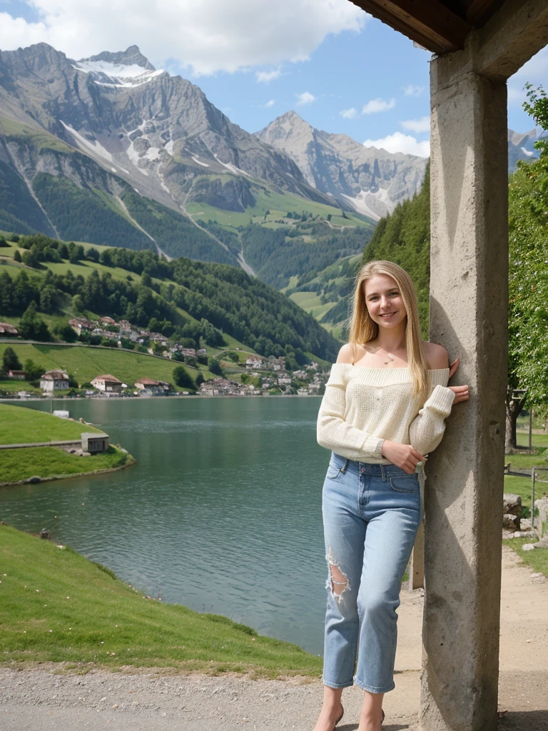 her name is Marie, 1girl, ((20-year-old fit Caucasian woman)), ((20 years old)), ((fit)), , ((pale skin tone)), ((medium length straight blonde hair)), wearing a cut-out shoulder knit sweater with patchwork denim jeans, smiling, pose: standing, background: Write about the serene beauty of Switzerland's Lake Geneva, surrounded by the majestic Alps and dotted with charming lakeside towns and vineyards