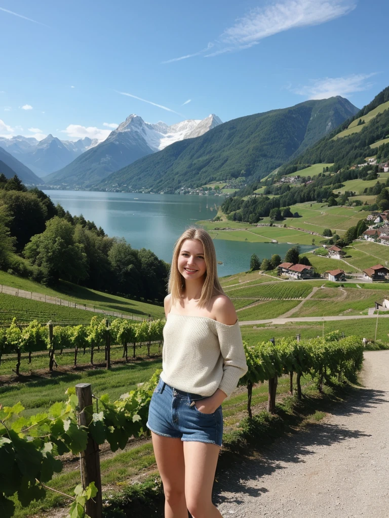 her name is Marie, 1girl, ((20-year-old fit Caucasian woman)), ((20 years old)), ((fit)), , ((pale skin tone)), ((medium length straight blonde hair)), wearing a cut-out shoulder knit sweater with patchwork denim jeans, smiling, pose: standing, background: Write about the serene beauty of Switzerland's Lake Geneva, surrounded by the majestic Alps and dotted with charming lakeside towns and vineyards