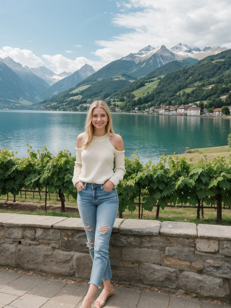 her name is Marie, 1girl, ((20-year-old fit Caucasian woman)), ((20 years old)), ((fit)), , ((pale skin tone)), ((medium length straight blonde hair)), wearing a cut-out shoulder knit sweater with patchwork denim jeans, smiling, pose: standing, background: Write about the serene beauty of Switzerland's Lake Geneva, surrounded by the majestic Alps and dotted with charming lakeside towns and vineyards