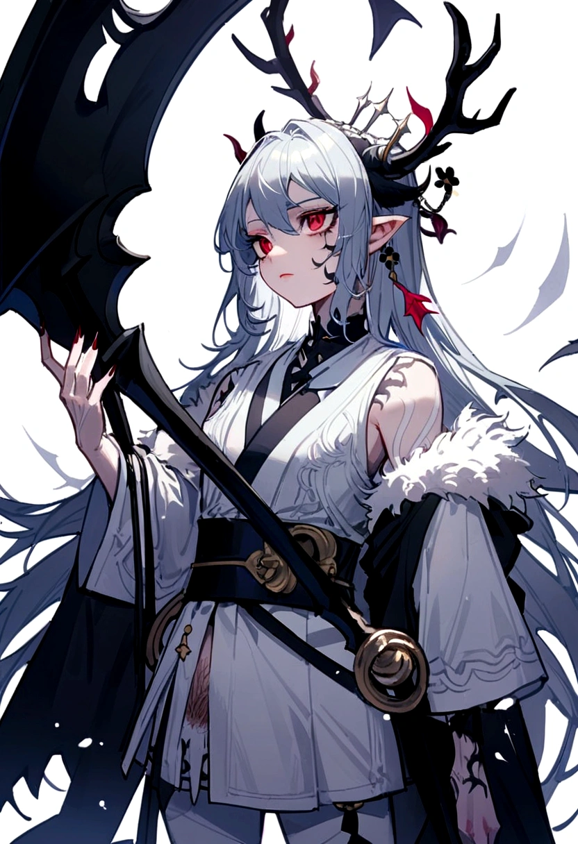 A human half demon, Female One, body hair ((小柄)), antlers, has a scythe ((stylized)), body hairs brancos e pretos, white clothes with black details, long robe, 2 poses