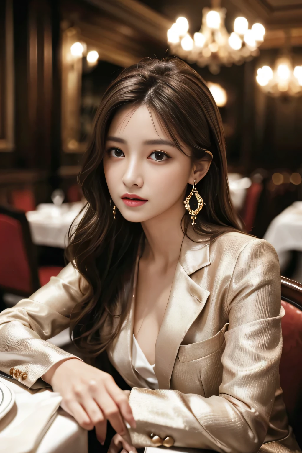masterpiece, Highest quality, Realistic, Very detailed, Finer details, High resolution, 8k wallpaper, One beautiful woman, Wear a nice suit, In a great restaurant, At night, Light brown messy hair, Perfect dynamic composition, Beautiful and beautiful eyes、Big earrings、Sit on a chair、