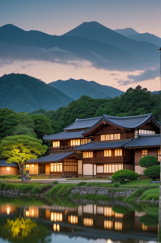 Generate an image of rural life in Japan, with a picturesque rice field surrounded by traditional houses. The scene should depict a tranquil evening atmosphere, with warm golden light gently illuminating the surroundings. The houses should have a nostalgic, old-fashioned design, evoking a sense of traditional Japanese architecture. The rice field should be lush and green, reflecting the peacefulness of the countryside. The overall image should convey a serene and idyllic ambiance, capturing the beauty and simplicity of rural living in Japan.
