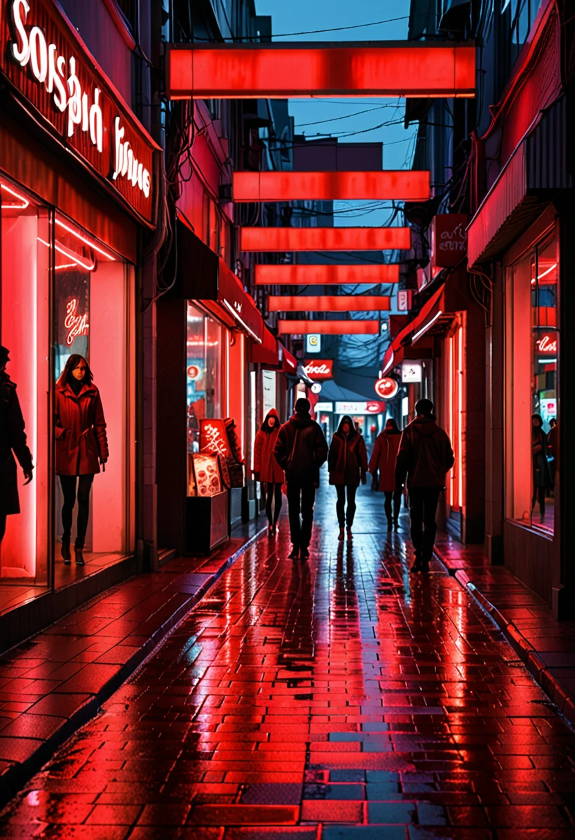 A shopping street, with shops lit by red neon, wet sidewalks and deep shadows. Human figures typical of the suburbs walk calmly, their shadows lengthening and moving according to the lighting, while the subtle interactions between them add life and authenticity to the environment.