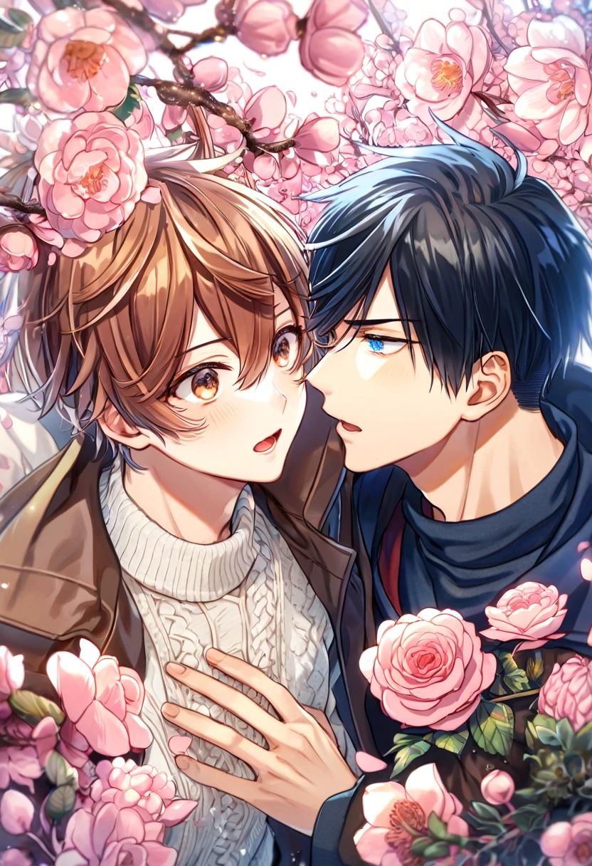 absurdres, highres, ultra detailed, HDR, master piece, best quality, Uenoyama Ritsuka, black hair, expressive blue eyes, Given, Sato Mafuyu, pik-brown hair, expressive brown eyes, two sexy men together, yaoi, gay couple, handsome, brown coat, white sweater, black coat, fantasy, shining, pink flowers, pink blossoms, pink butterflies, pink petals