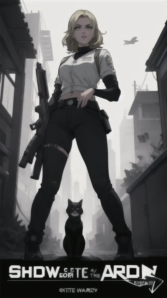 GTAV Loading Screen 2D Graphics, wide angle, whole body, blonde girl standing , holding a machine gun and shooting, GTA5 character, cinematographic composition, in front of a city, shadow, bright cinematic lighting, soft contrast, GTA5 loading screen, gta art, 4K Wallpaper, 4K Wallpaper, high quality 4k wallpaper, gta loading screen graphics, arte the fan, art of rockstar games