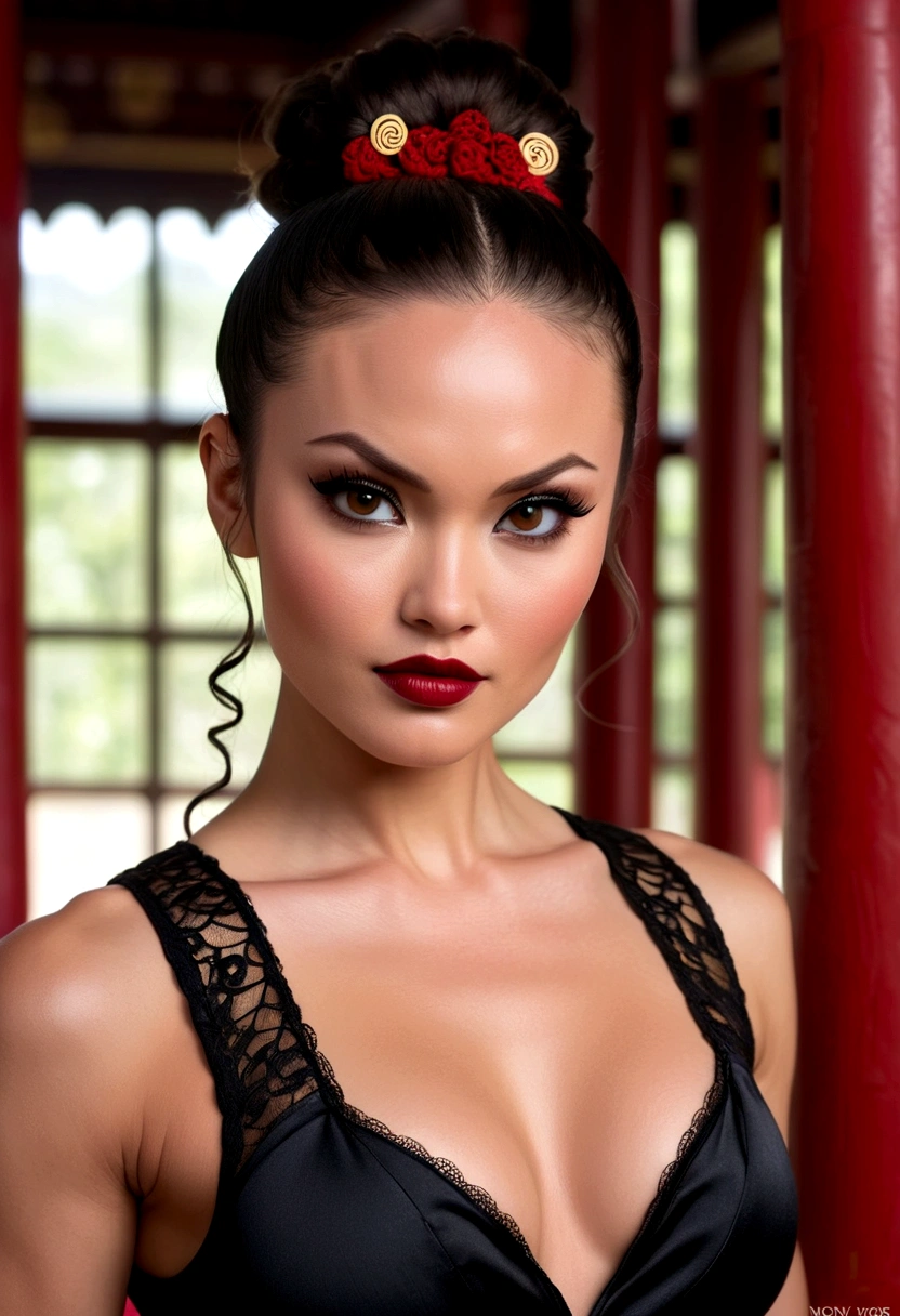Tori Black asian ninja warrior, ringlets wavy five feet long black hair, updo hairstyle with ponytail on one side, dark red glossy lips, heavy black eye shadow long black eyeliner, black lace beautiful and creative sleeveless ninja warrior bodysuit, forehead lace ornament, posing in a Shaolin temple interior, happy expression dark ambience. No faces on her chest!