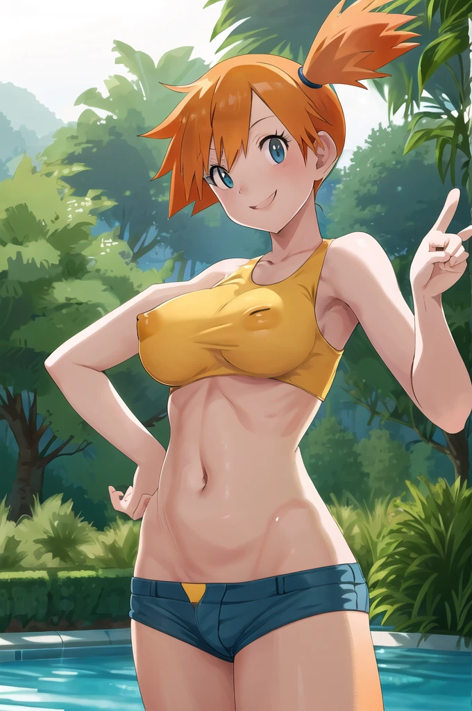 masterpiece, Highest quality, High resolution, One girl, Foggy (Pokemon), Orange Hair, ??????????? school swimsuit、Side Ponytail, Orange Hair, abdomen, Yellow Crop Top, belly button, short hair, smile, Cowboy Shot, Are standing, peace_sign,Poolside、???????????、??????? protruding