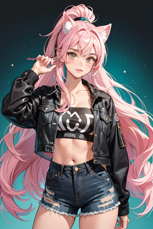 Troublemaker has light brown skin and brown eyes. Her lipstick is pink and she has very light pink blushed cheeks with a black cat nose, whiskers, and eyebrows. Her long, pastel turquoise hair is worn up in a high ponytail and she has slightly curled inward bangs. She wears a Meow cat ear headband. Her outfit consists of a turquoise stripe tube top beneath a black denim jean jacket, ripped black denim shorts with a turquoise jean jacket, tied around the waist and blue and white stripped socks with black and white sneakers. SPARKLE; GLITTER
