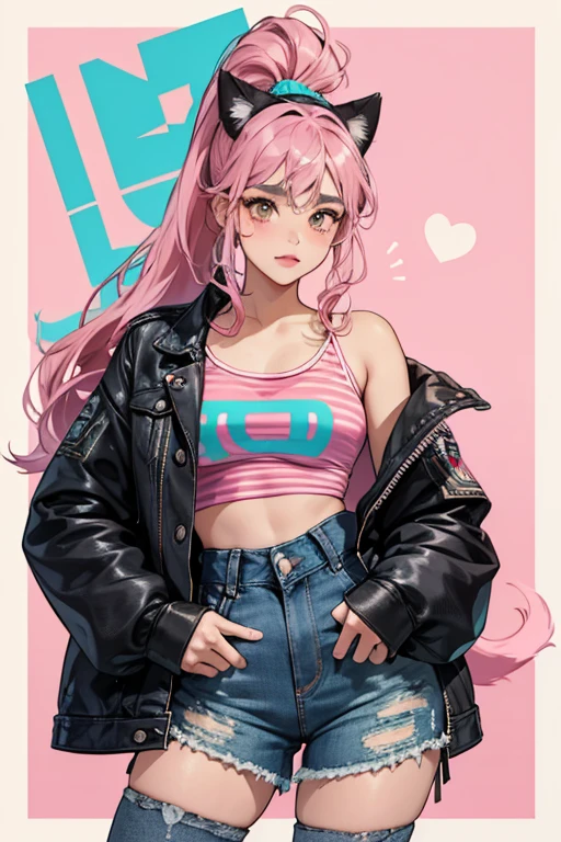 Troublemaker has light brown skin and brown eyes. Her lipstick is pink and she has very light pink blushed cheeks with a black cat nose, whiskers, and eyebrows. Her long, pastel turquoise hair is worn up in a high ponytail and she has slightly curled inward bangs. She wears a Meow cat ear headband. Her outfit consists of a turquoise stripe tube top beneath a black denim jean jacket, ripped black denim shorts with a turquoise jean jacket, tied around the waist and blue and white stripped socks with black and white sneakers. SPARKLE; GLITTER