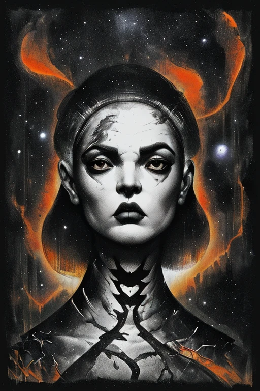 Medusa, splash page decompressed comic cover art, ink style figure, ((expressive Joelle Jones and "Sean Gordon Murphy" comic drawing)), wordless, cinematic poster, morphology anatomy drawn Frederic Delavier musculature anatomical illustration, (face, ornate blackmetal corpsepaint, resembles Grace Jones), full length portrait, (background, pine barrens, entropy, rewilding, magic hour sunset, galaxy stars, cosmos), (colors, bleak muted deep fiery radiant glowing ROYGBIV, forest green, earth brown), candid, snake skin dress, (body, Naga, snakefolk, lower body snake tail, snake woman hybrid, bald, hairless, skeleton, snake skin tattoos, piercing eyes, snake pupils, over the shoulder), abyss void black no visibility darkness, craftsmanship nuance, (Gerardo Zaffino charcoal), (horror, abstract, surreal, body, cosmic), subliminal orchids, nyctophobia, silhouette, double exposure, image within image, unfinished expressive rough-sketch