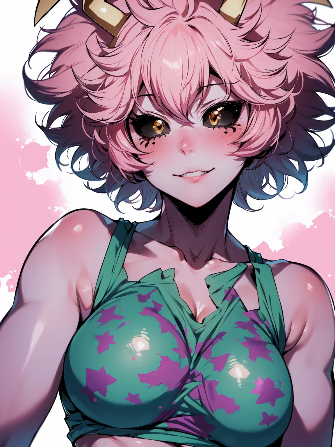 My hero academia, girl with curly pink hair green eyes and freckles, nsfw, pink lace lingerie 