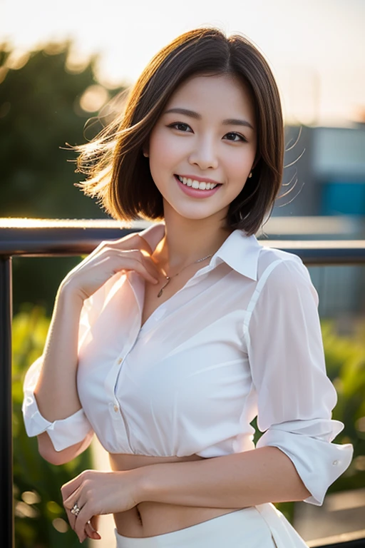 (a gorgeous lady, age 22, Formal Office Lady, white shirt and mini-skirt, natural pose under sunrise, dimpled smile, short bob hair ,cute snaggletooth, ample round bosom, photorealistic, beautiful detailed eyes, beautiful detailed face, hyper-realism, high contrast, ultra HD, realistic skin textures, top image quality, top-quality, super high resolution, fine details, very meticulously, the Cowboy shot, bokeh background, masterpiece)