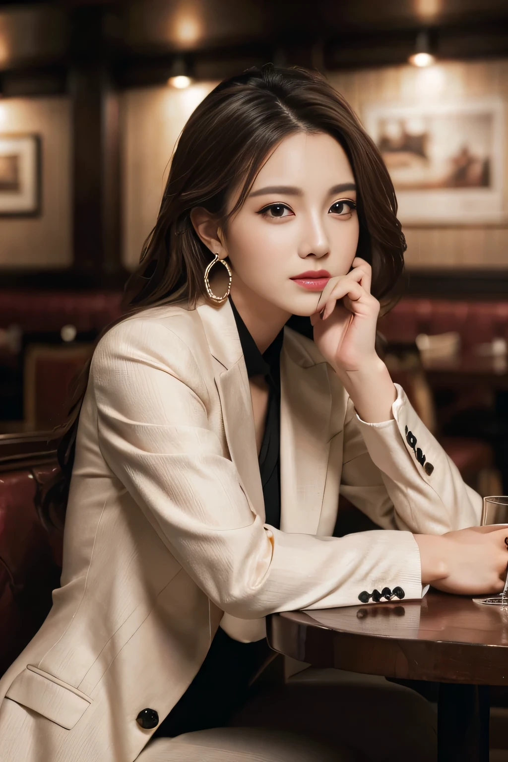 masterpiece, Highest quality, Realistic, Very detailed, Finer details, High resolution, 8k wallpaper, One beautiful woman, Wear a nice suit, In a great restaurant, At night, Light brown messy hair, Perfect dynamic composition, Beautiful and beautiful eyes、Big earrings、Sit on a chair