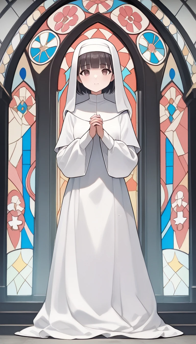 score_9, score_8_up, score_7_up, score_6_up, score_5_up, score_4_up, source_anime, beautiful and cute nun, long face, wearing pure white habit, silver bob cut, blunt bangs, pink cheeks, droopy brown eyes, full body, background monastery with stained glass, rating_safe
