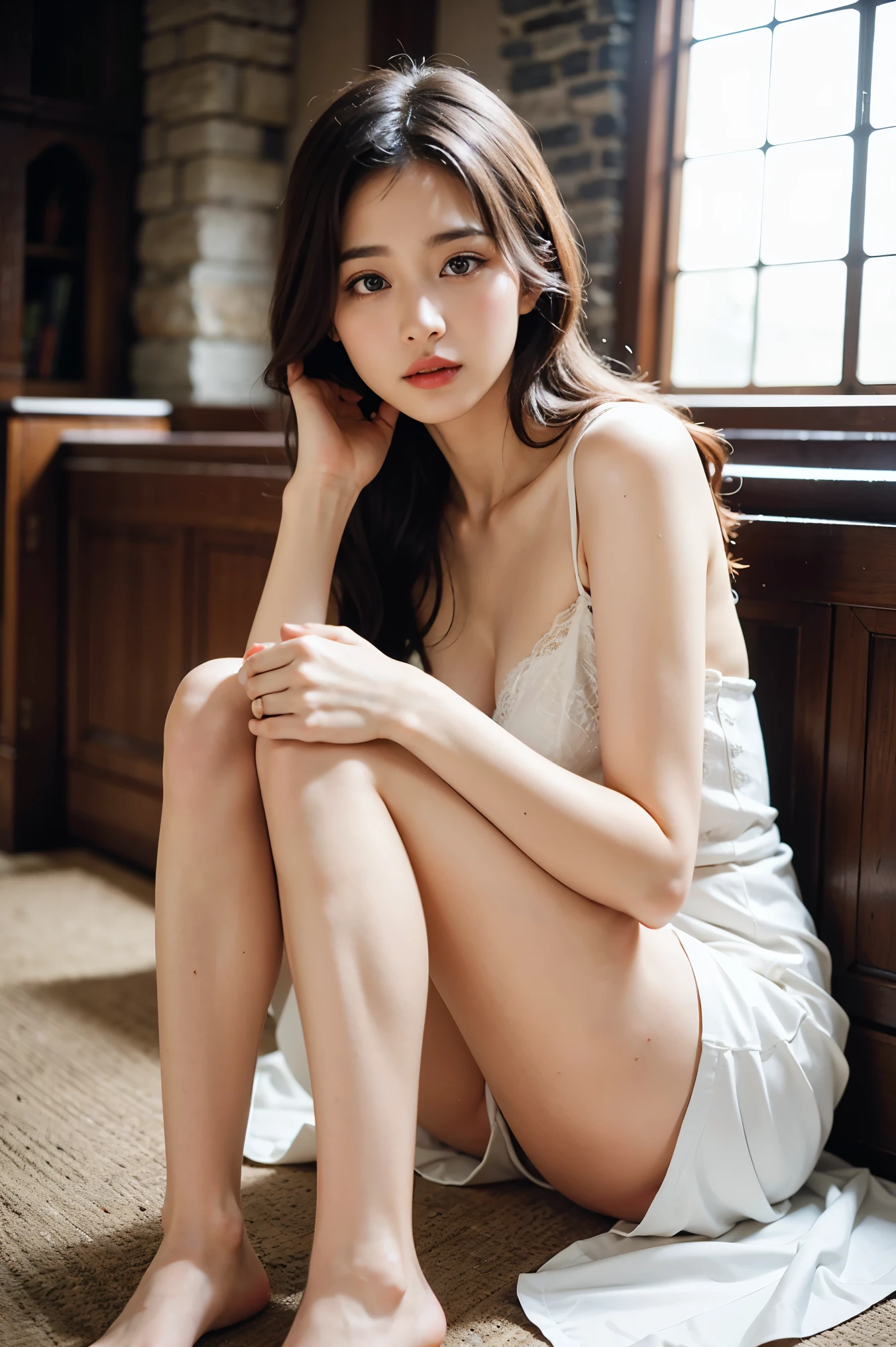 Photograph showing the whole body。She has her legs crossed。(RAW Photos, Highest quality), (Realistic, Photorealistic:1.3), Tabletop, Very delicate and beautiful, Soft Light, (Brown Hair, Straight shoulder-length hair fluttering in the wind), Beautiful detailed girl, Highly detailed eyes and face, Beautiful and detailed nose, Fine and beautiful eyes, 1 girl,Pure beauty, cute,, (Small breasts:1.2), Realistic face, Realistic body,Full body photo、Wearing a wedding dress。She is in the church。