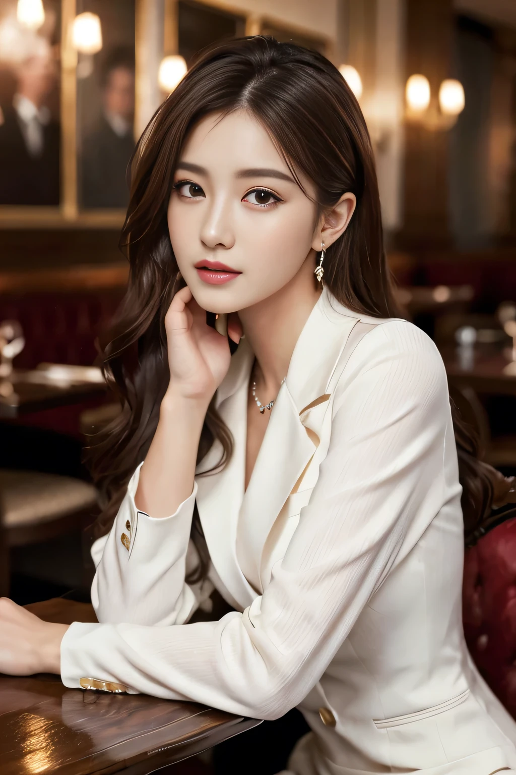 masterpiece, Highest quality, Realistic, Very detailed, Finer details, High resolution, 8k wallpaper, One beautiful woman, Wear a nice suit, In a great restaurant, At night, Light brown messy hair, Perfect dynamic composition, Beautiful and beautiful eyes、Big earrings、Sit on a chair