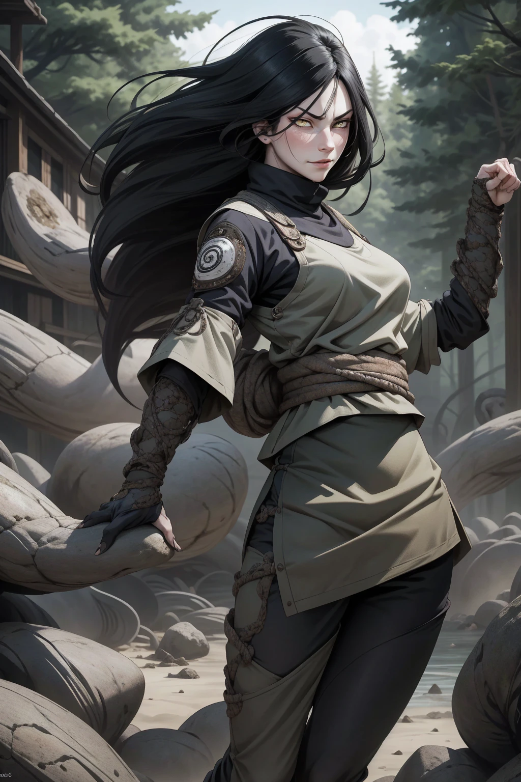 {-erro_de_anatomia:1.0} estilo anime, Masterpiece, absurdities, Orochimaru\(Naruto\), 1girl Solo, Mature woman, Oversized shirt with broad shoulders, Perfect composition, Detailed lips, large breasts, Beautiful face, body proportion, Blush, Long black hair, ( black hair), yellow eyes, (sexy), Soft gauze, Super realistic, Detailed, photo shoot, Realistic faces and bodies, masterpiece, best quality, best illustration, hyper detailed, 1 girl, solo, glamorous, blushing, whole body, fighting, on nature, dimanic poses