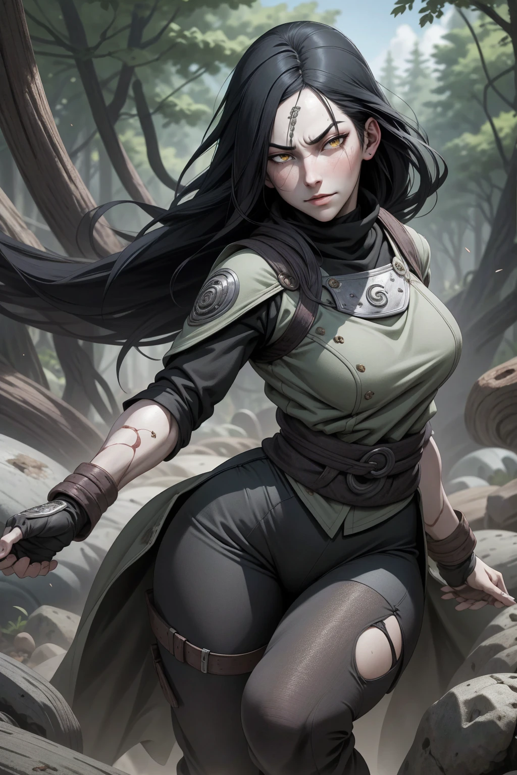 {-erro_de_anatomia:1.0} estilo anime, Masterpiece, absurdities, Orochimaru\(Naruto\), 1girl Solo, Mature woman, Oversized shirt with broad shoulders, Perfect composition, Detailed lips, large breasts, Beautiful face, body proportion, Blush, Long black hair, ( black hair), yellow eyes, (sexy), Soft gauze, Super realistic, Detailed, photo shoot, Realistic faces and bodies, masterpiece, best quality, best illustration, hyper detailed, 1 girl, solo, glamorous, blushing, whole body, fighting, on nature, dimanic poses
