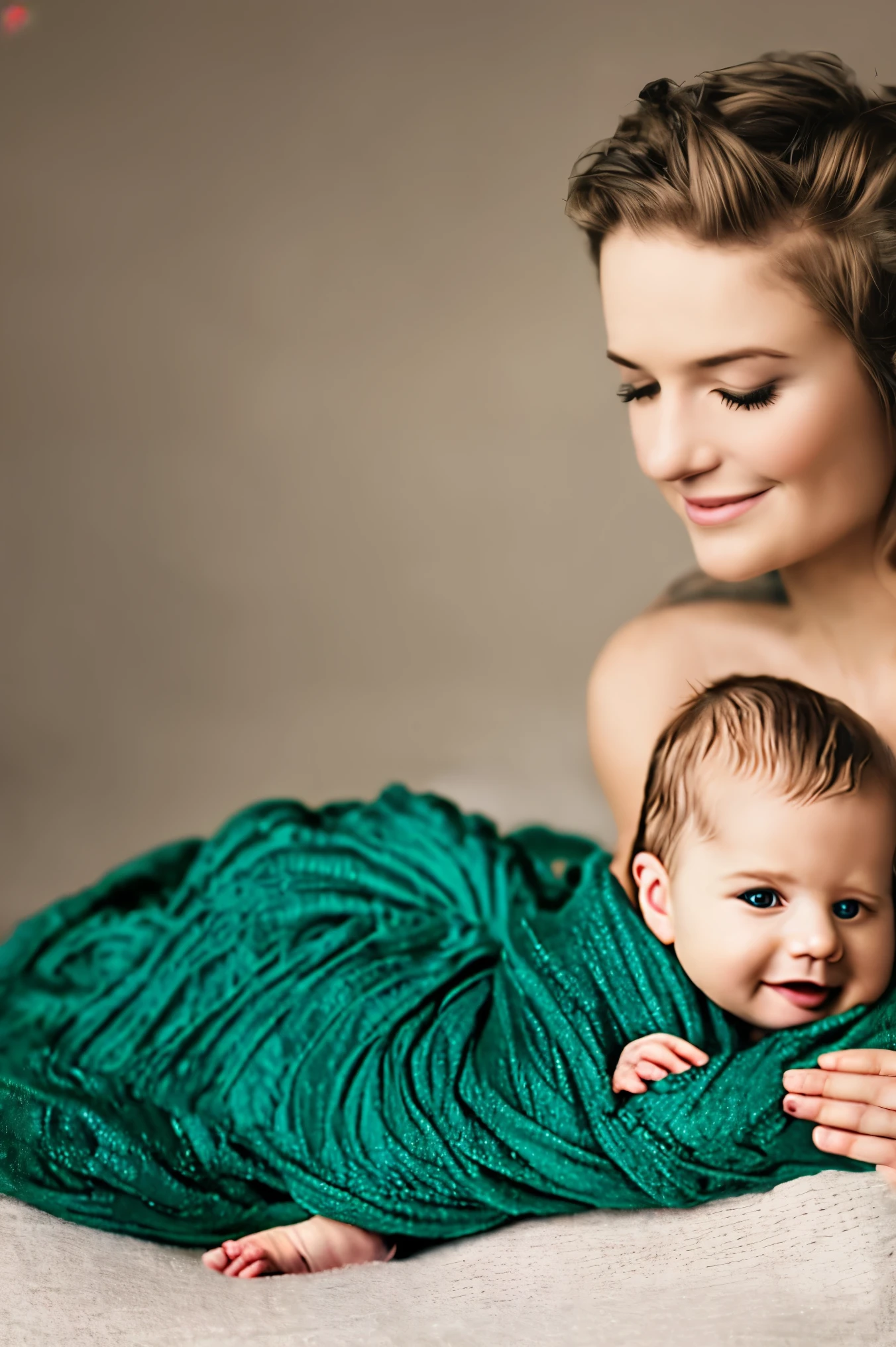 Beautiful baby in his mother's arms, blond and slightly disheveled hair, emerald green eyes, wrapped in blanket, smile, intricate, realism, art in the style of photographs for magazines.