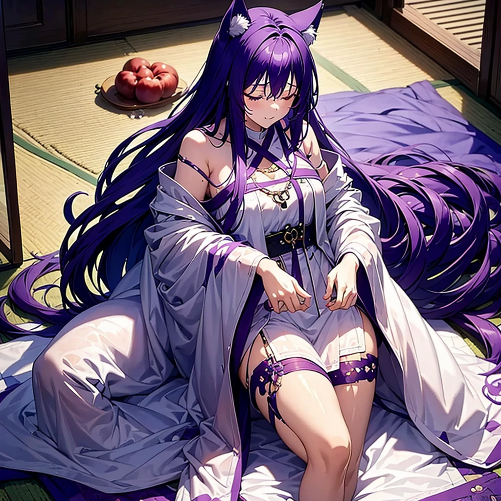 fenrir, ((purple hair)), (ears wolf,) white dress, ((close eyes)),  long hair, smile,  beautiful, masterpiece, pajama, sleeping, drooling, saliva, ((sleep))