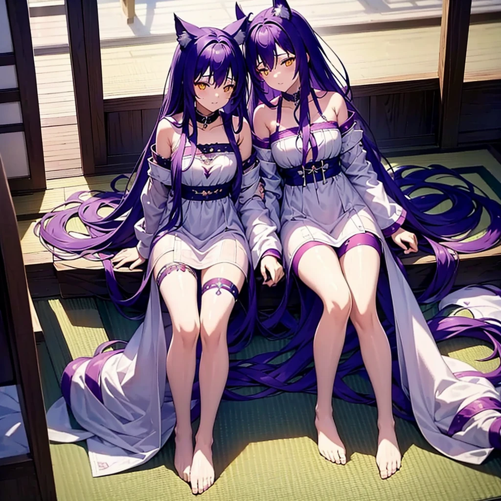 fenrir, ((purple hair)), (ears wolf,) white dress, ((close eyes)),  long hair, smile,  beautiful, masterpiece, pajama, sleeping, drooling, saliva, ((sleep))