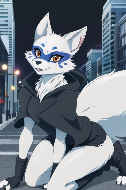 Alopex, arctic fox, furry, blue marks face, tmnt, happy look, orange eyes, girl1, solo, park, city, cape, black shirt, black shorts, best quality, masterpiece